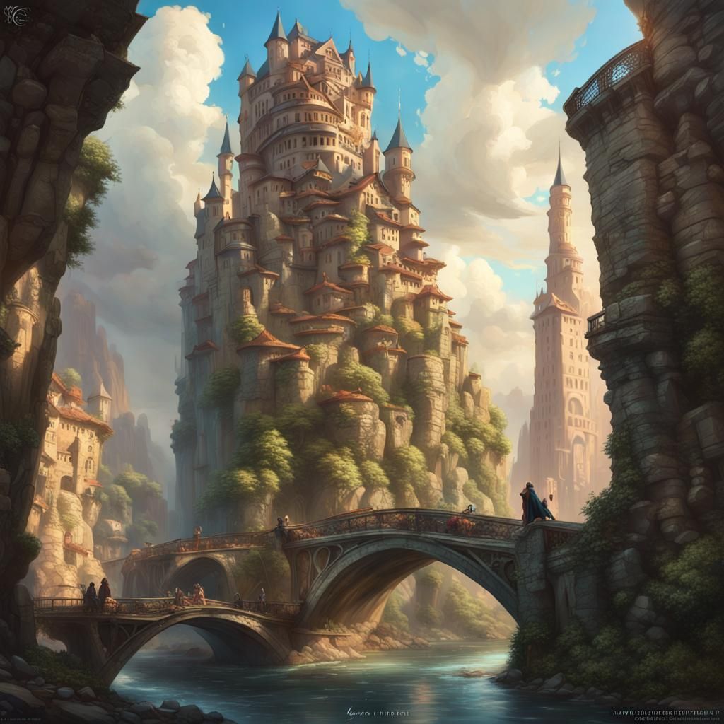 Fantastical Stone Tower City with Volumetric Lighting