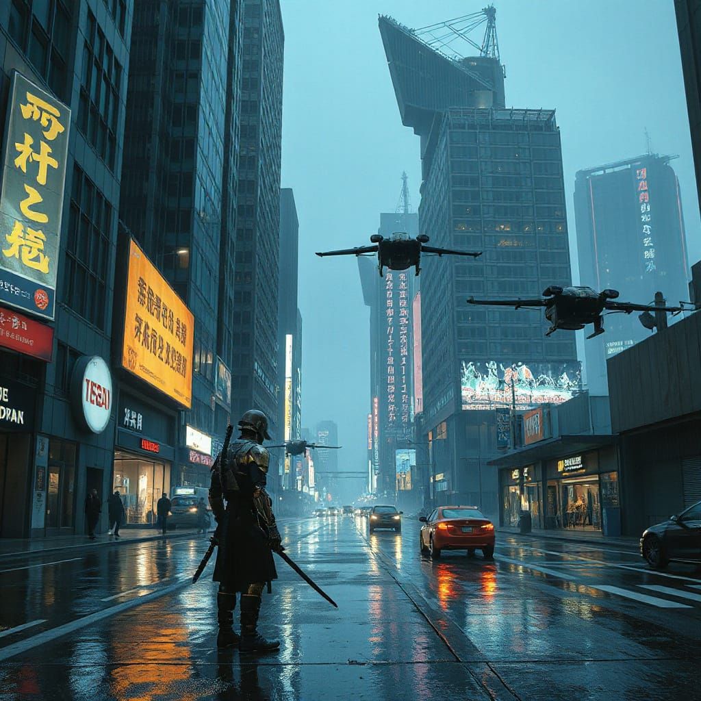 Cyborg Samurai in Cyberpunk Metropolis: Dark Fantasy Concept