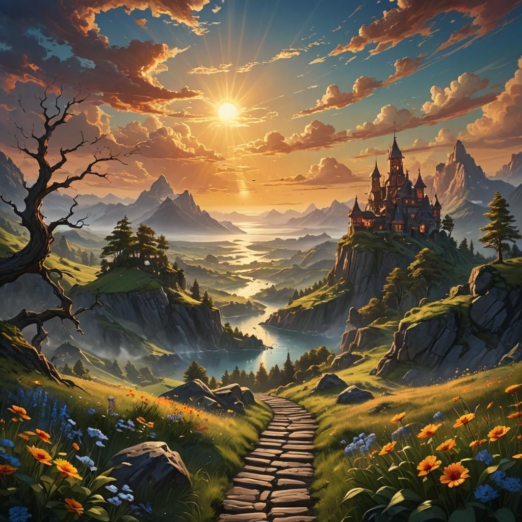 Summer Sunrise Landscape in Detailed Matte Painting