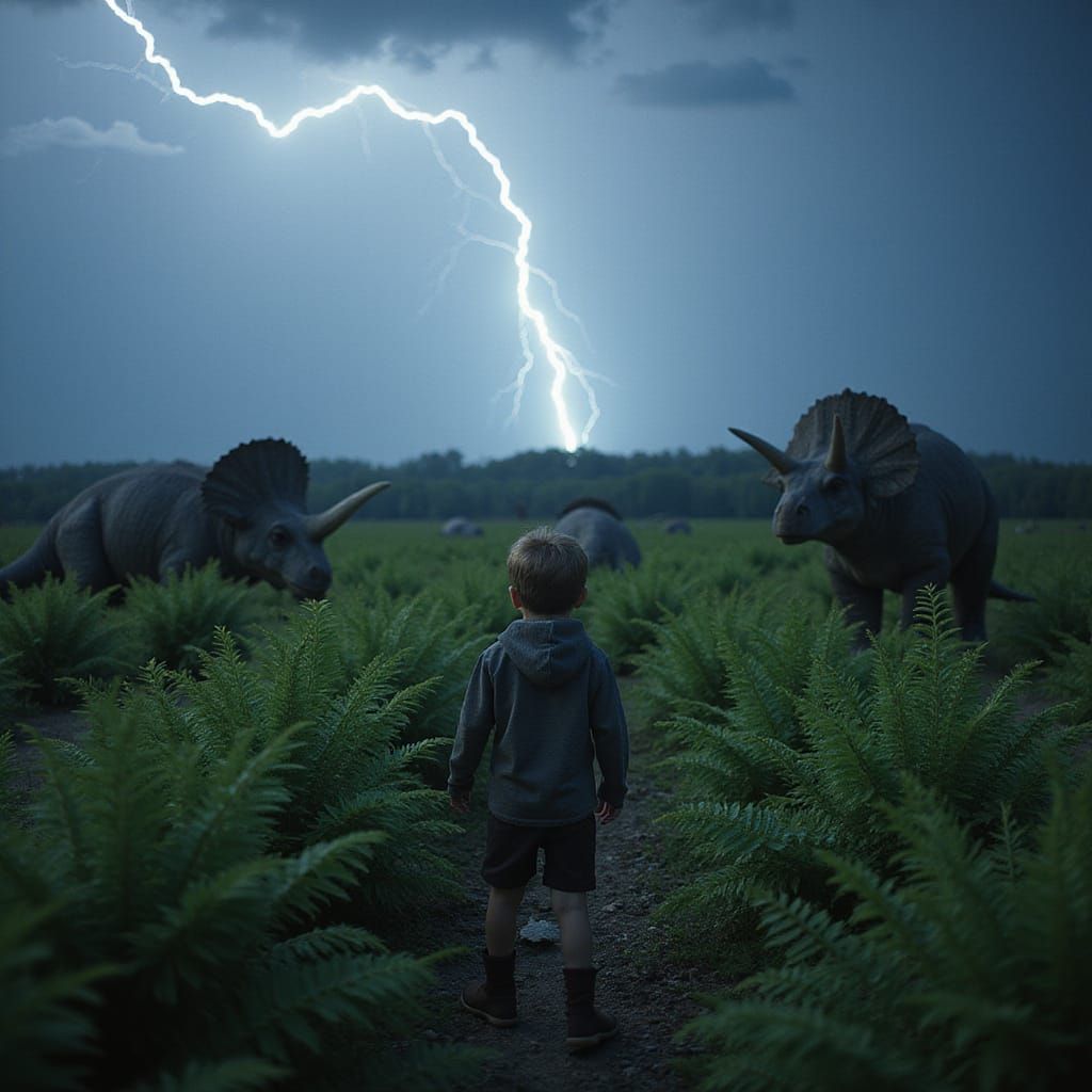 Child Among Triceratops in Fern Prairie