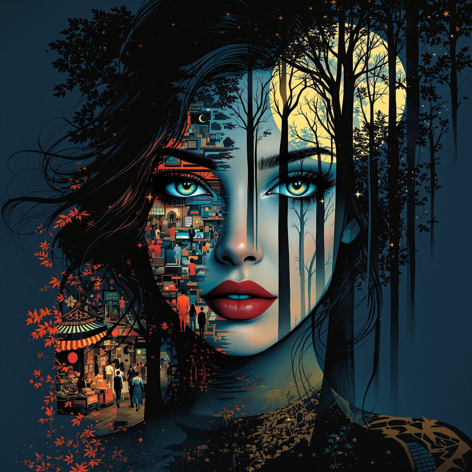 Mysterious Woman Double Exposure Portrait in Art Nouveau Sty...