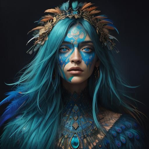 Woman with Peacock Feathers in Abstract Expressionism