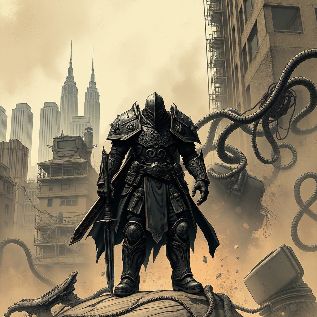 Dark Fantasy Warrior in Post-Apocalyptic Cityscape