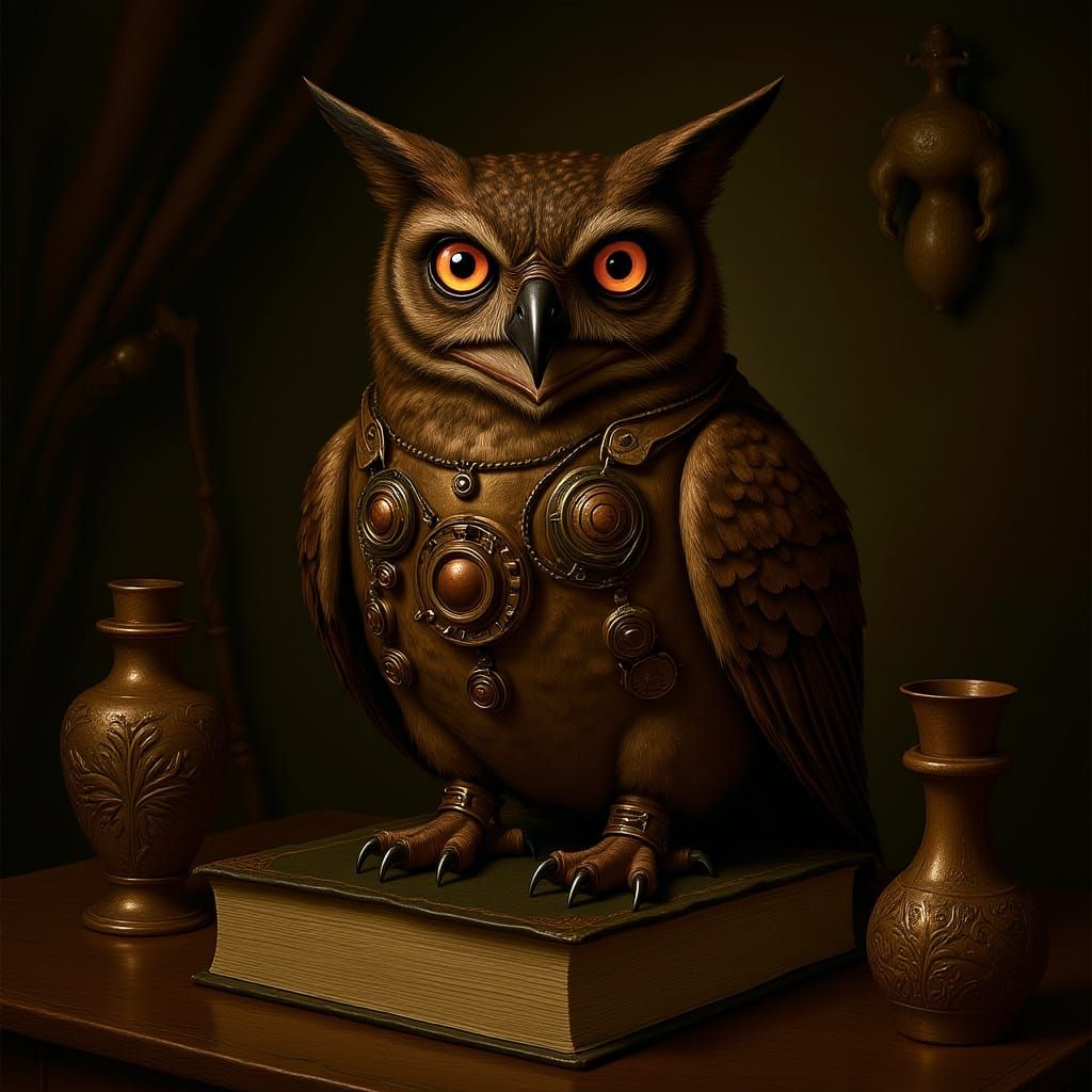 Steampunk Owl Perched on Arcane Book in Naturalist Style