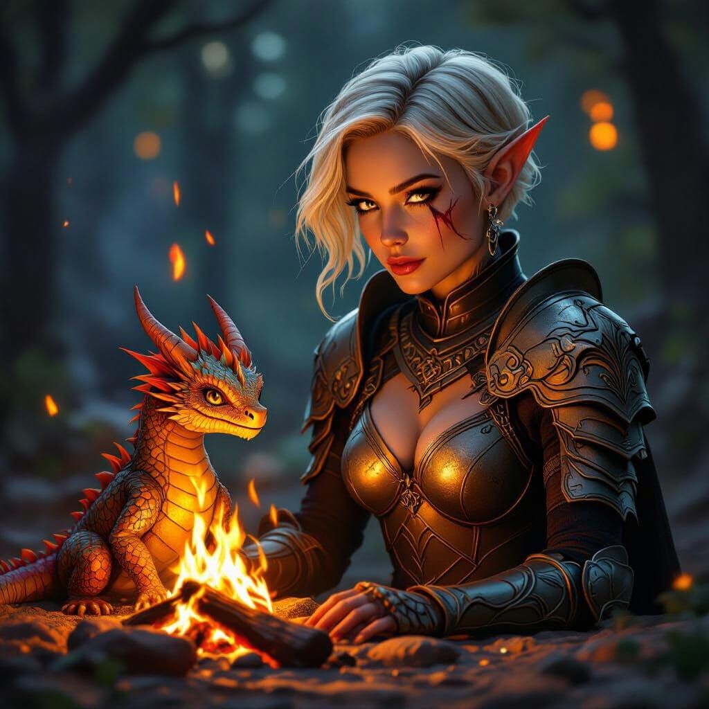 Elf Drakewarden with Fire Dragon in Campfire Light