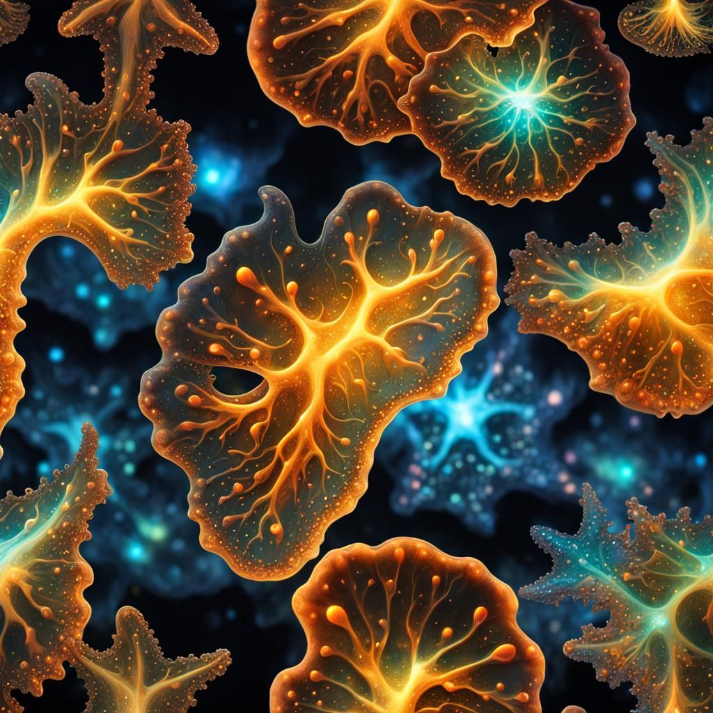 Bioluminescent Glass Amoebas in Galactic Night Sky