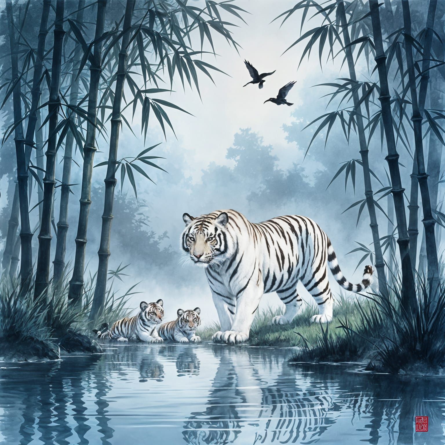 Serene Bamboo Forest with White Tigress and Cubs at Dusk