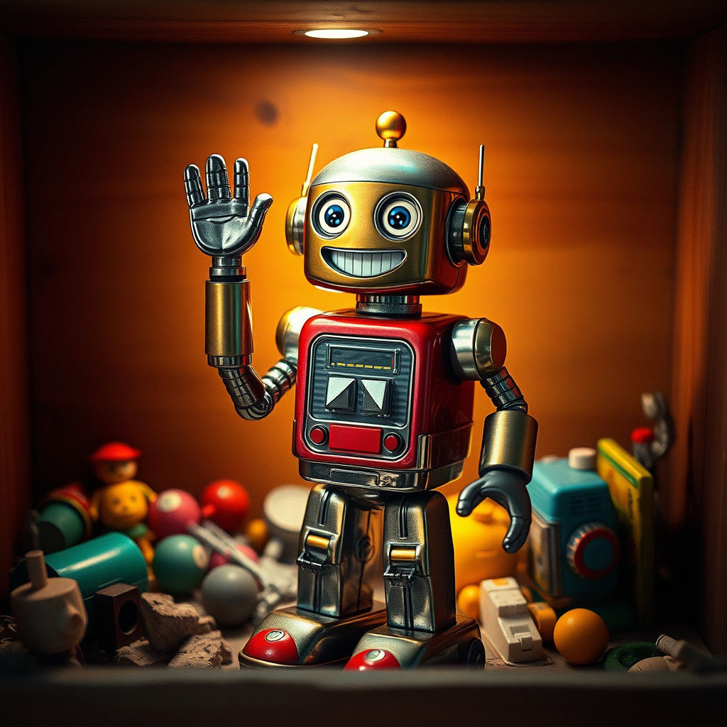 Charming Toy Robot Waving in Toy Box