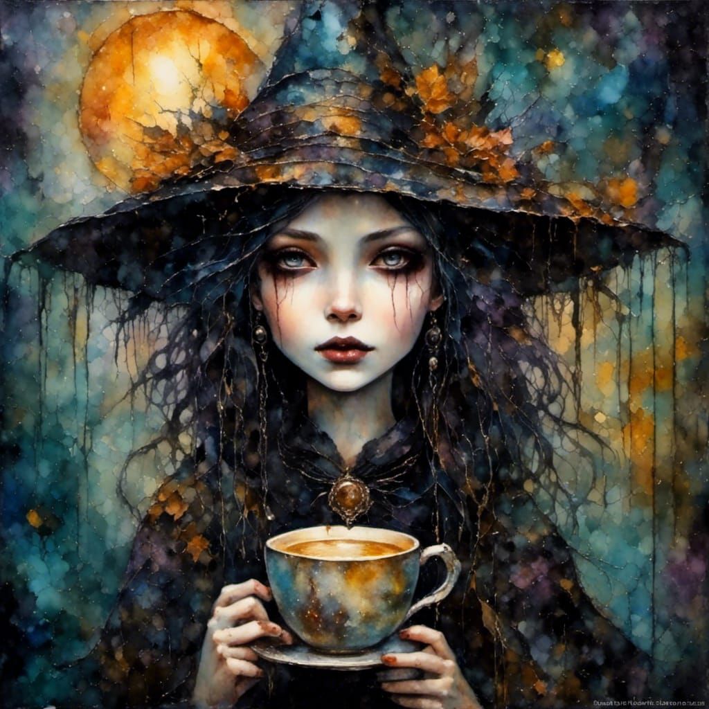 Gothic Witch with Coffee at Sunset, Iridescent Art