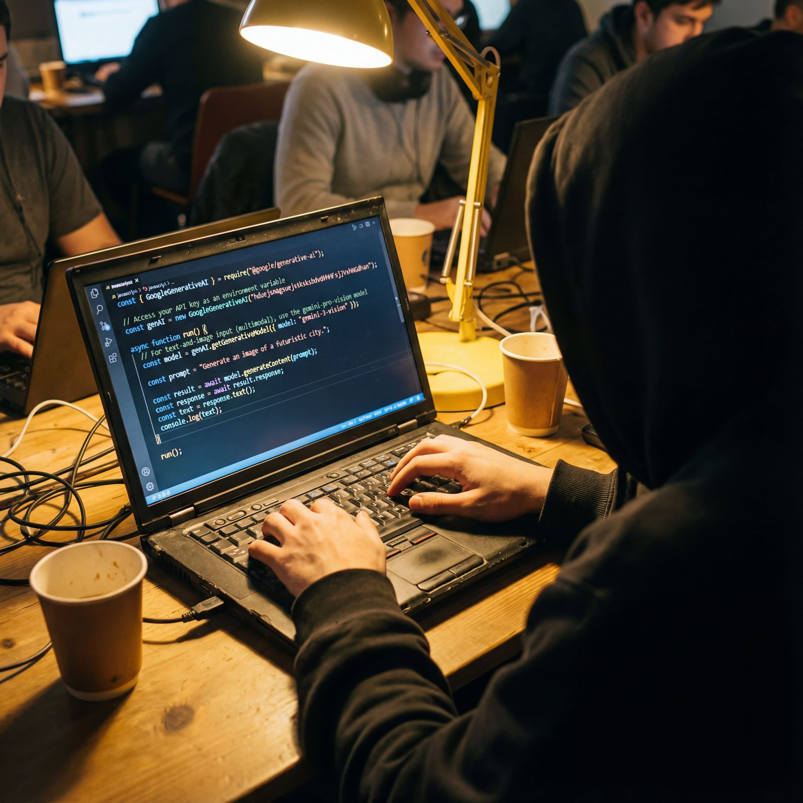 Hacker Coding on Laptop in Dingy Cafe