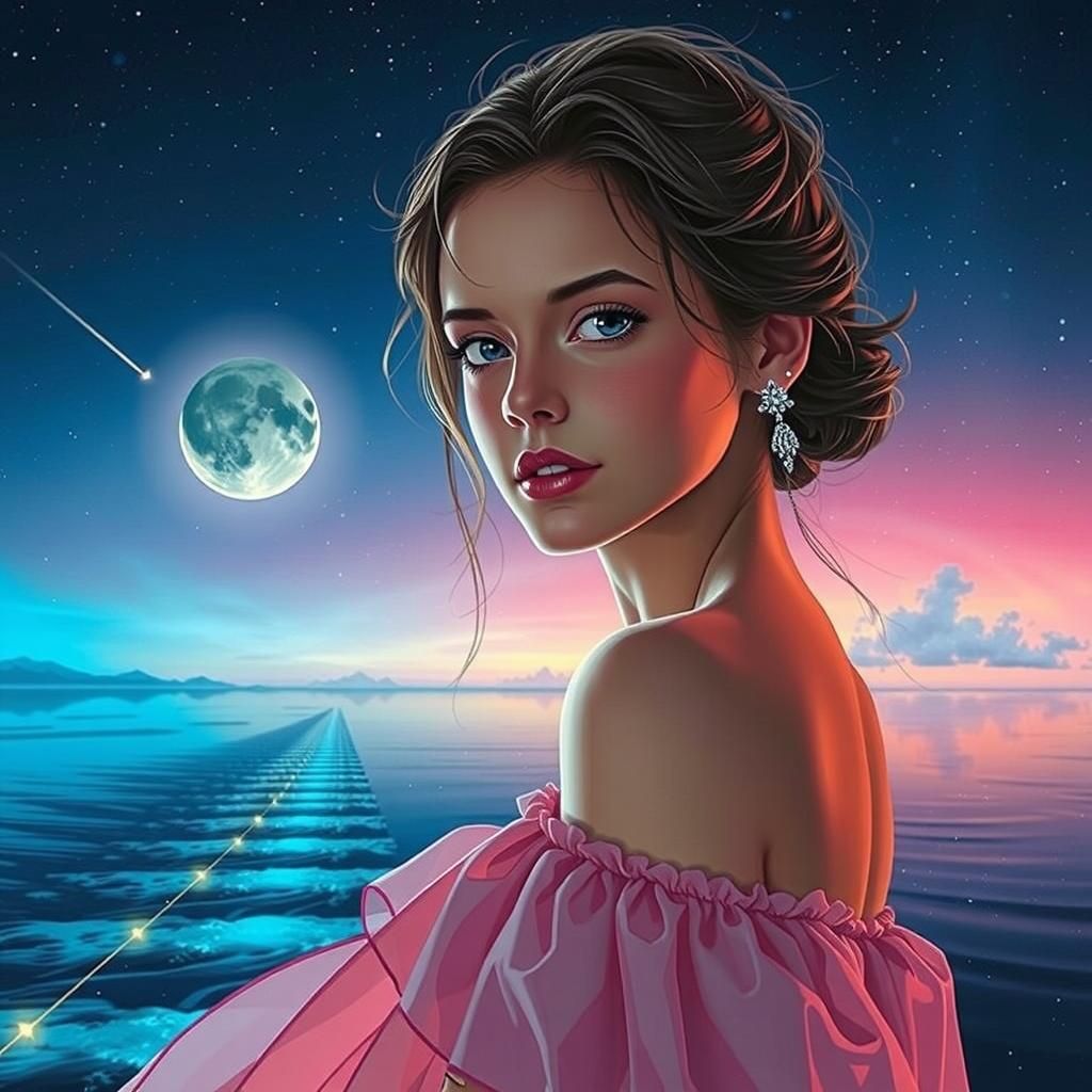 Woman Walks on Beach at Sunset Under Moon