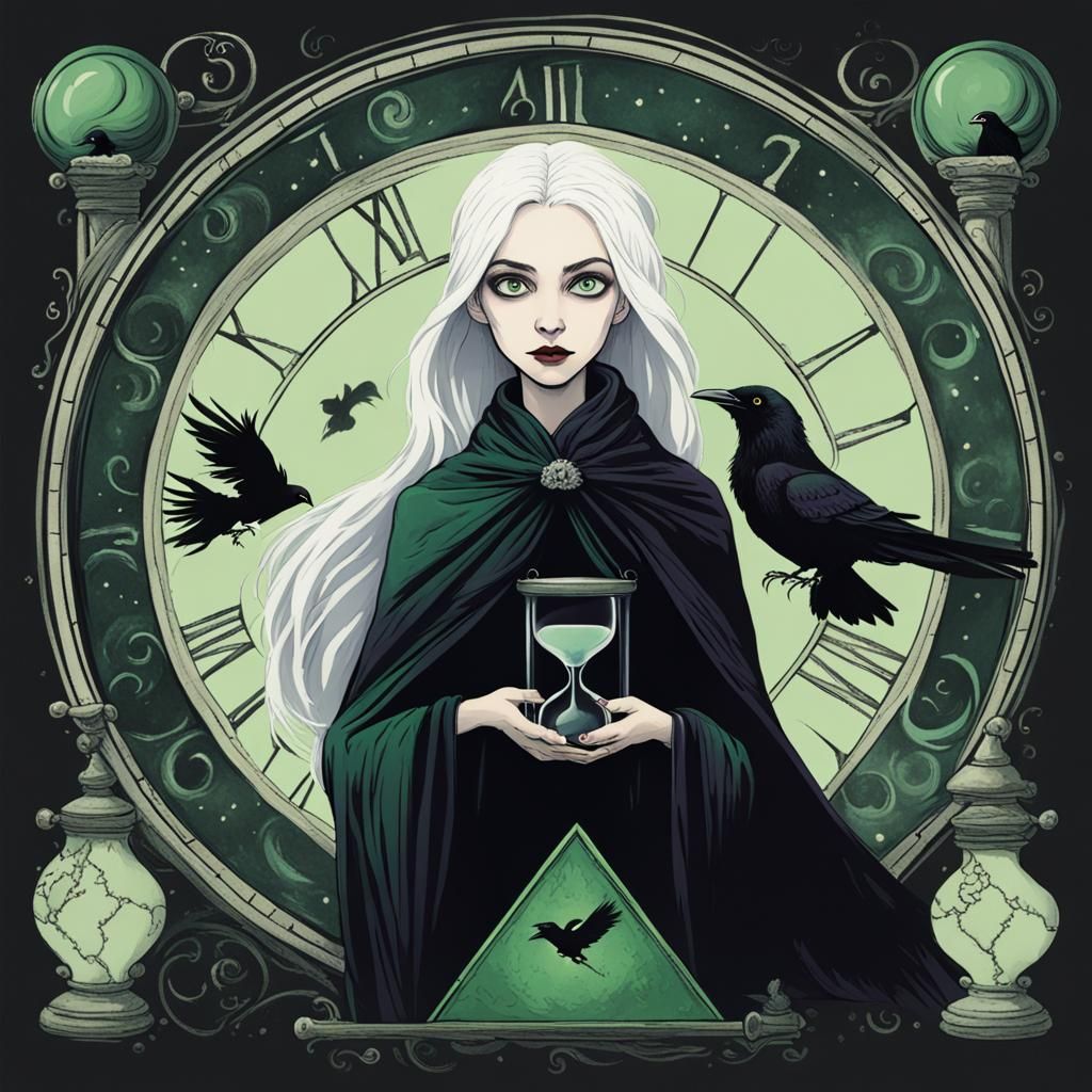 Cartoon Woman with Raven in Tim Burton Style