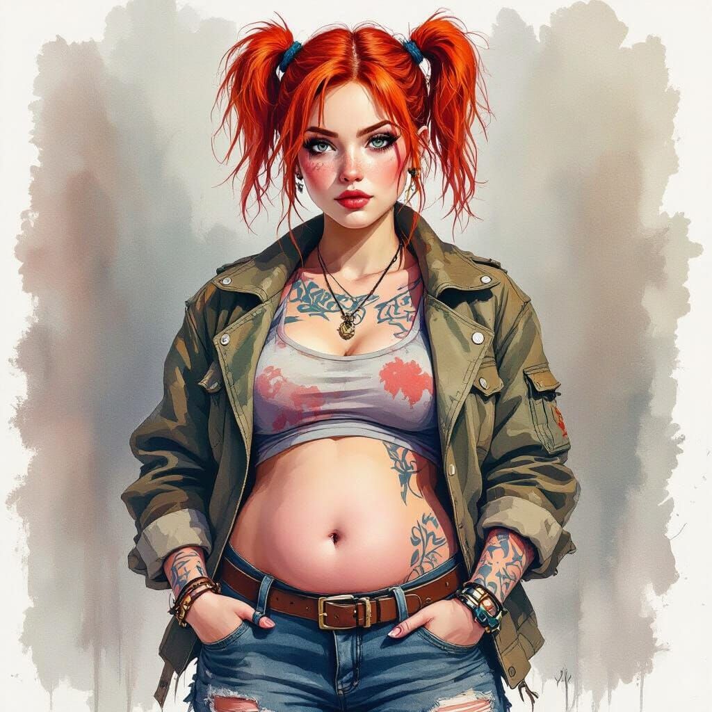 Redhead with Pigtails, Worn Boots, and Bored Expression