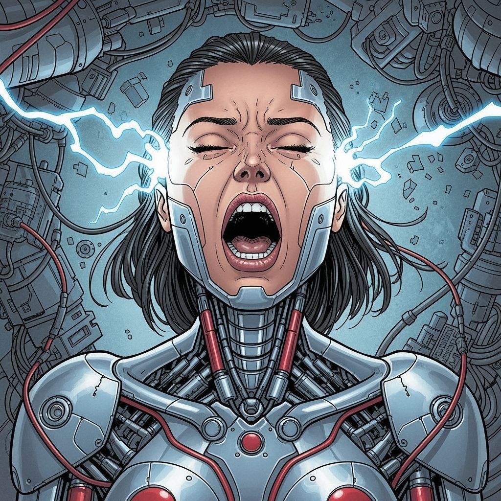 Frightened Cyborg Screams in Cyberpunk Comic Art