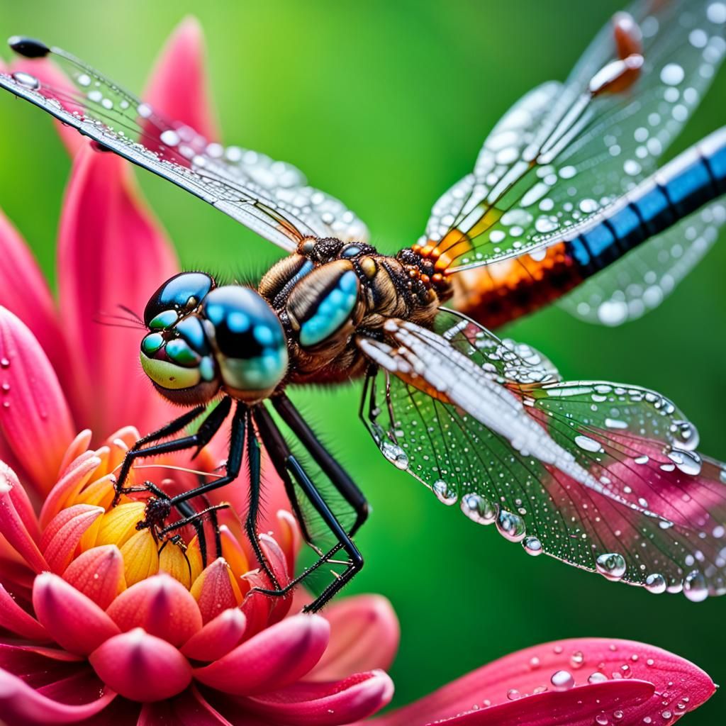 Dew-Kissed Dragonfly on Dahlia: Macro Photography