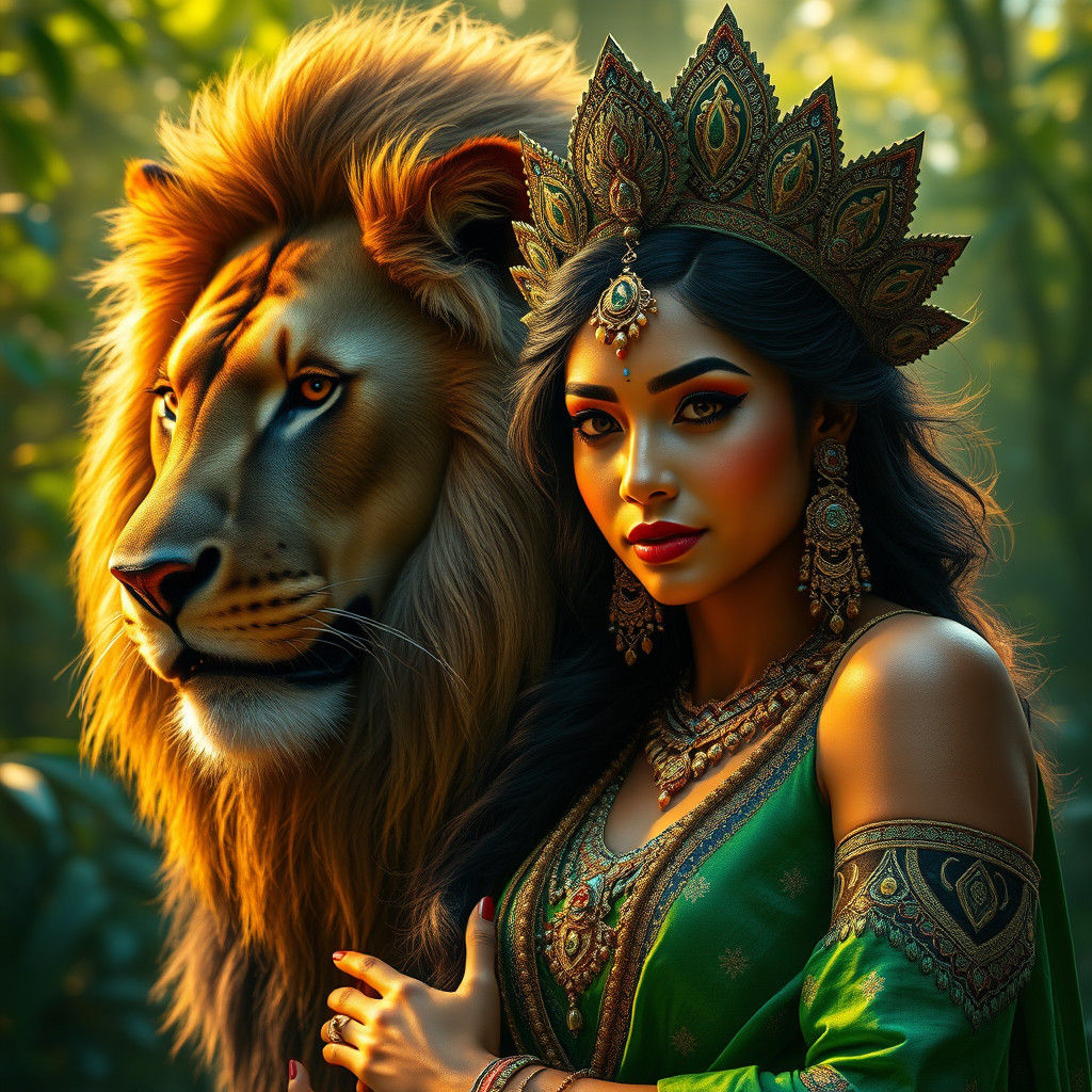 Indian Forest Goddess with Lion, Fantasy Art