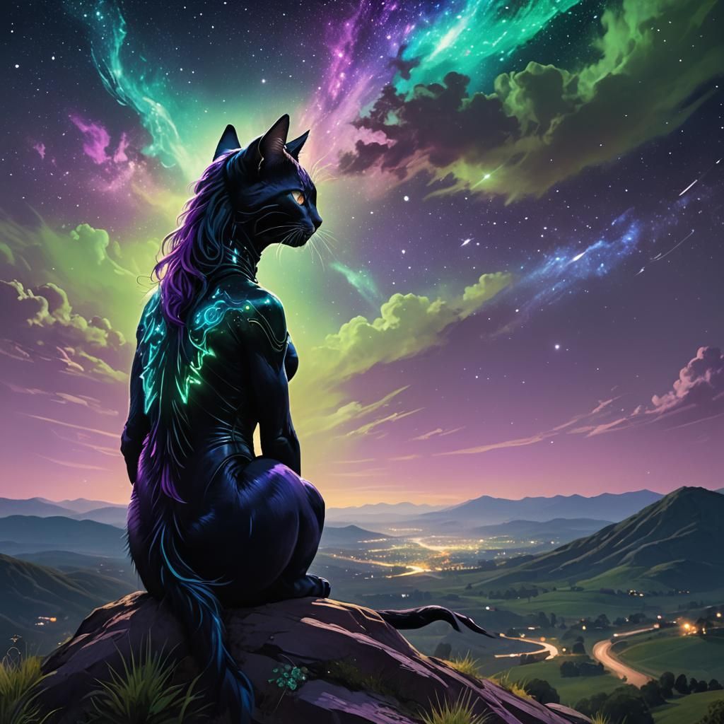 Alien Cat Woman Gazing at Stars in Fantasy Art