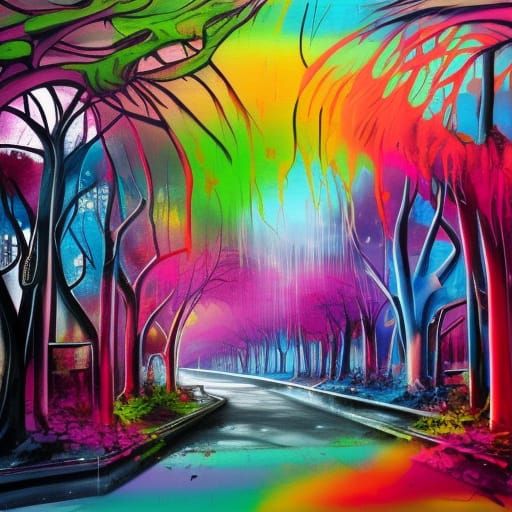 Banyan Tree Graffiti Art in Polychromatic Splash Style