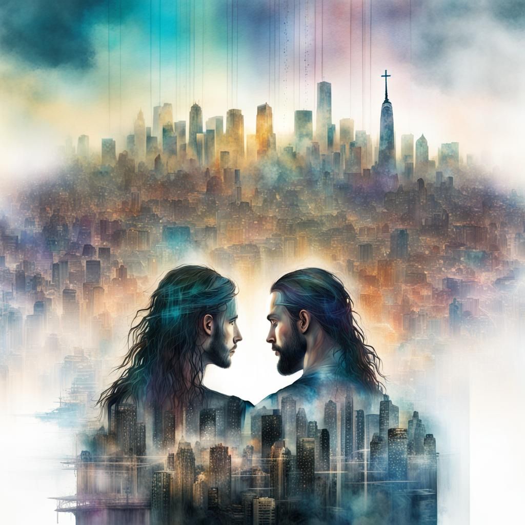 Cyberpunk Jesus: Double Exposure Watercolor Skyline