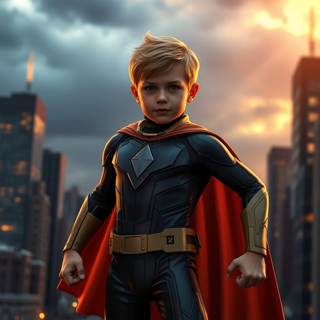 Heroic Boy in Dramatic Cityscape