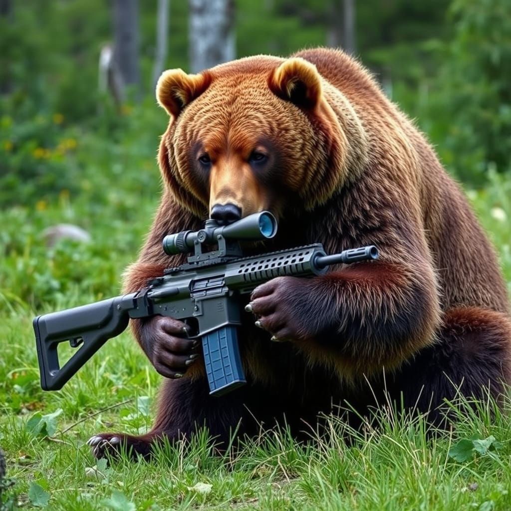 Cyberpunk Bear Wields M60 Machine Gun