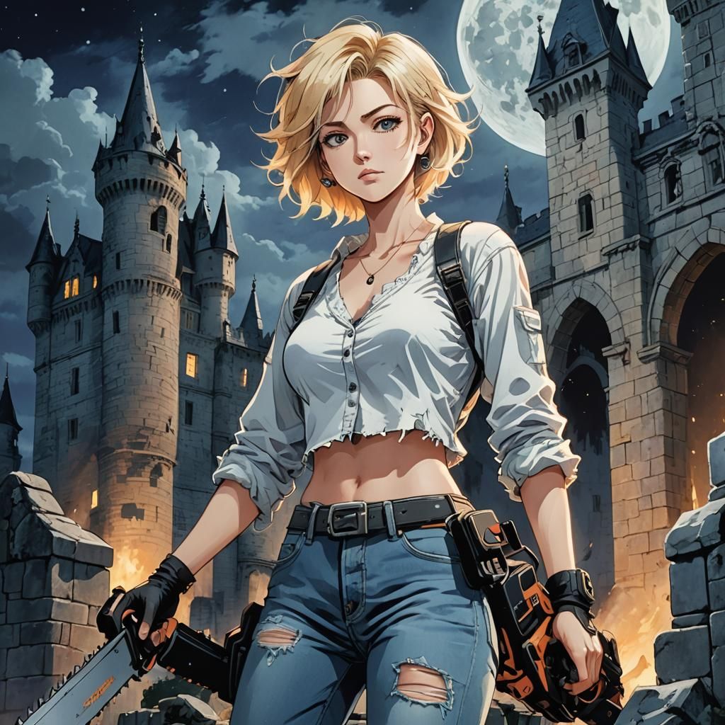 Manga Woman with Chainsaw in Castle Moonlight