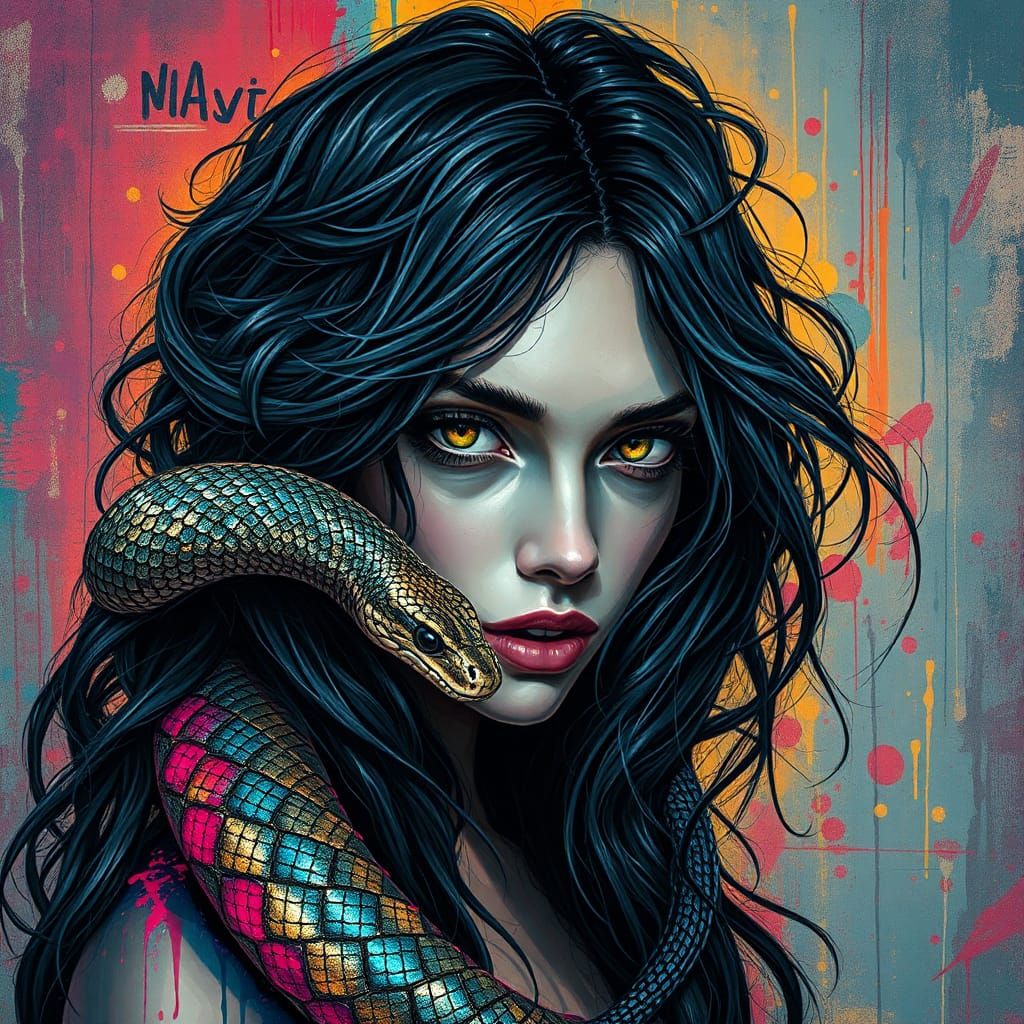 Mystical Snake-Haired Woman in Street Art Style