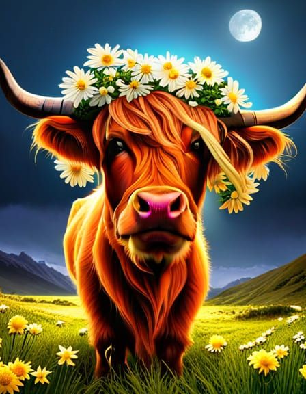 Highland Cow in Floral Bonnet: Fantasy Art