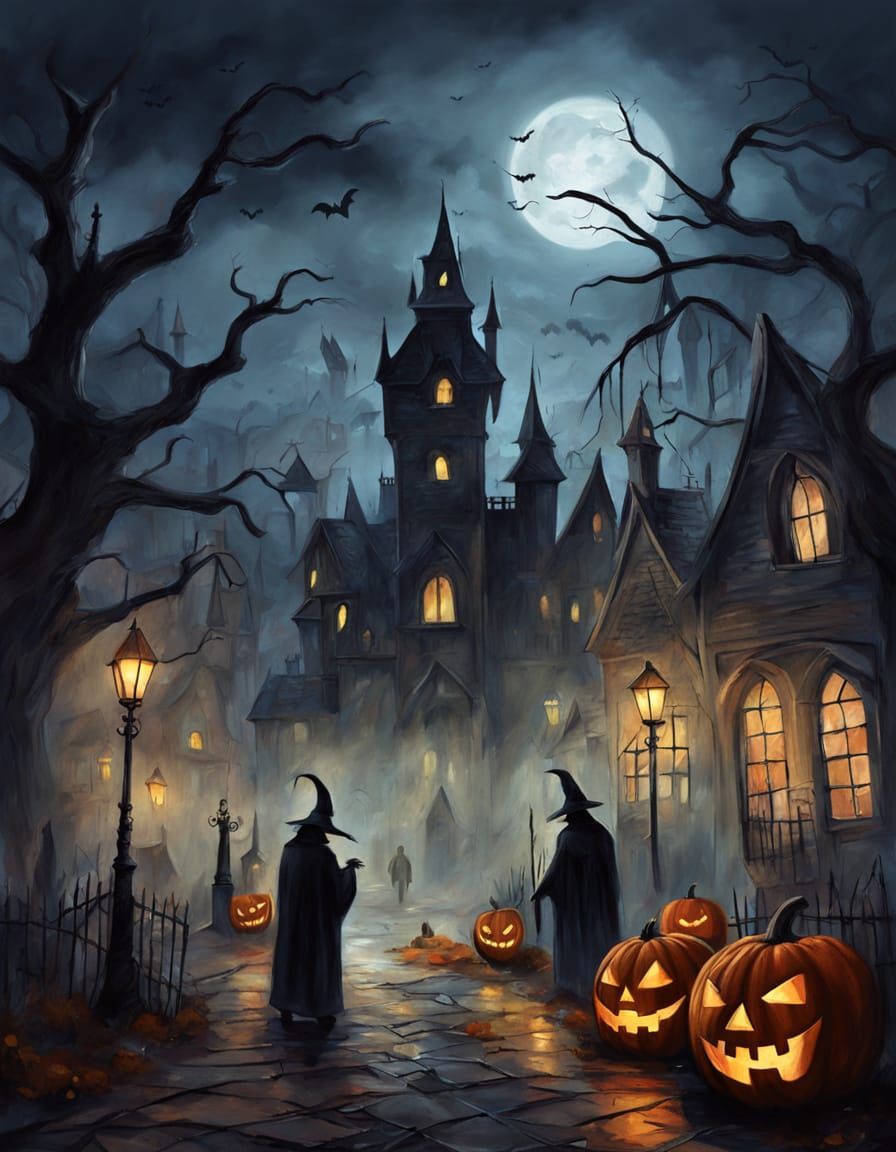 Dark Fantasy Halloween Night Town Square Concept Art