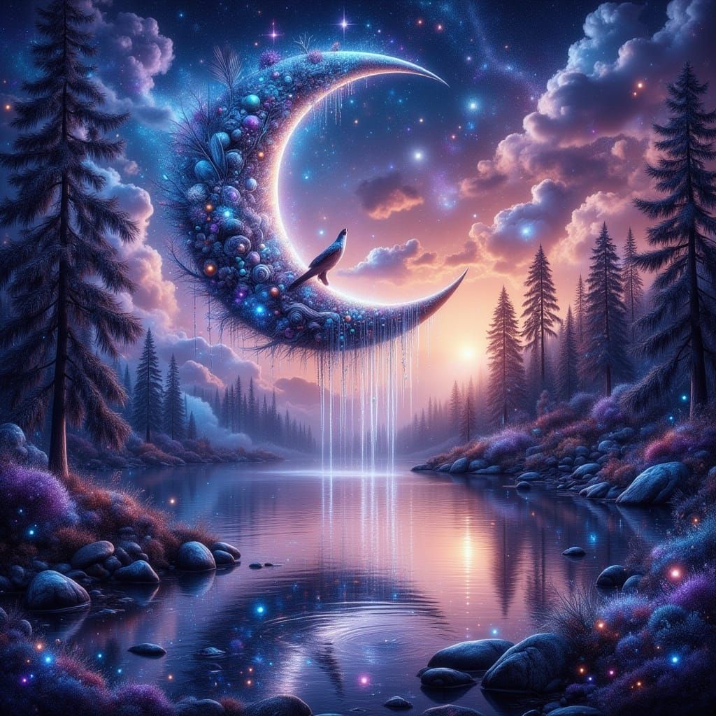 Mystical Crescent Moon Landscape with Waterfall