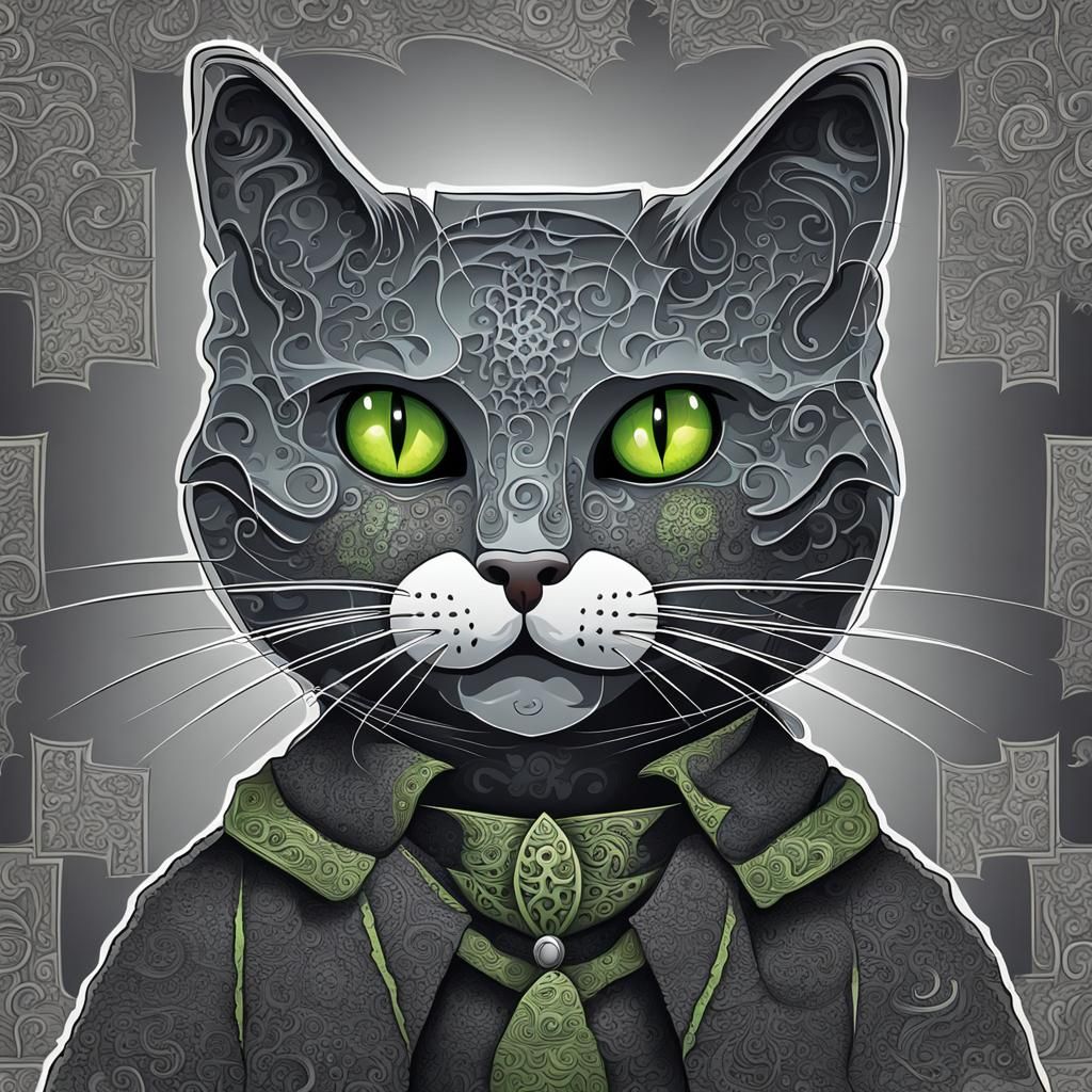 Grey Cat as Frankenstein in Gothic Style