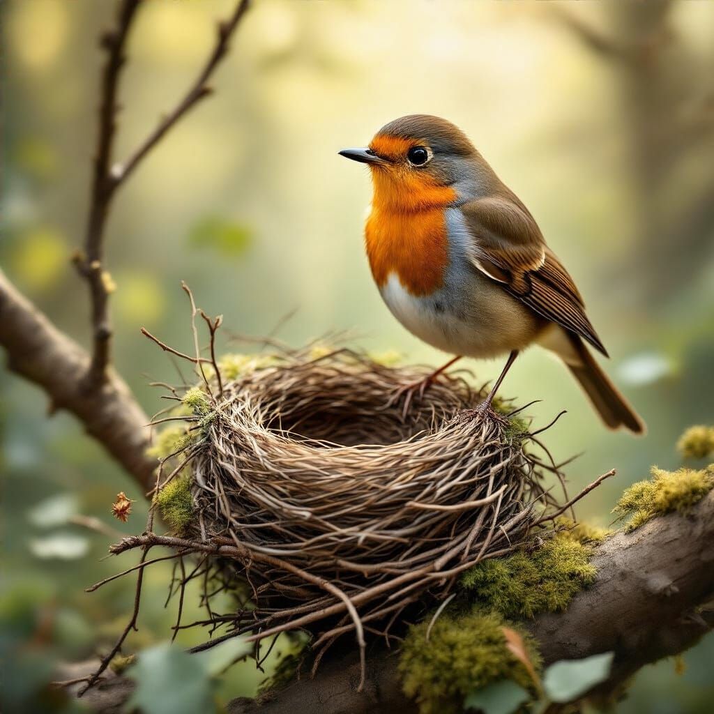 Proud Robin Beside Cozy Woodland Nest