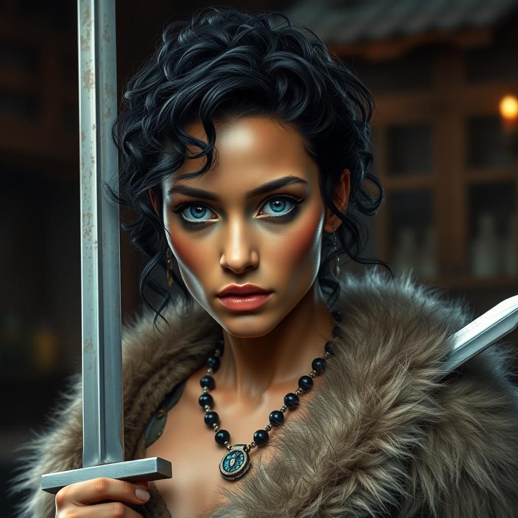 Barbarian Woman with Claymore in Tavern