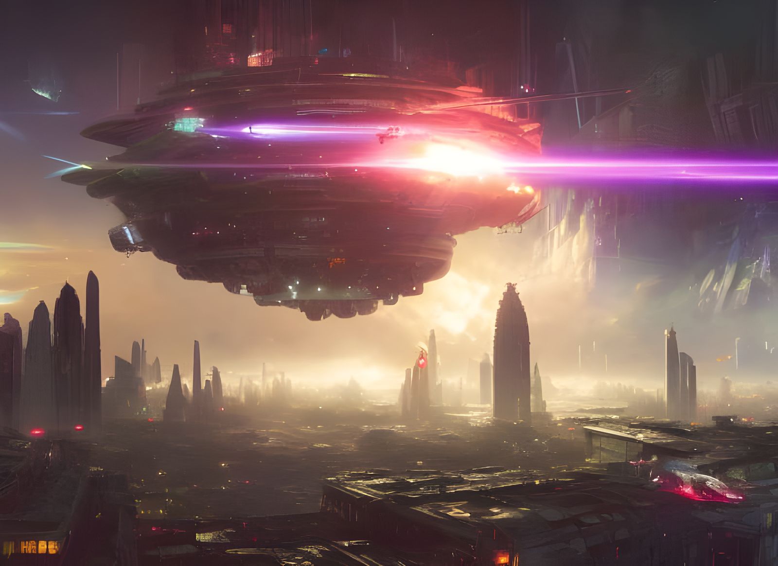 UFO Laserbeam Over Metropolis in Sci-Fi Style