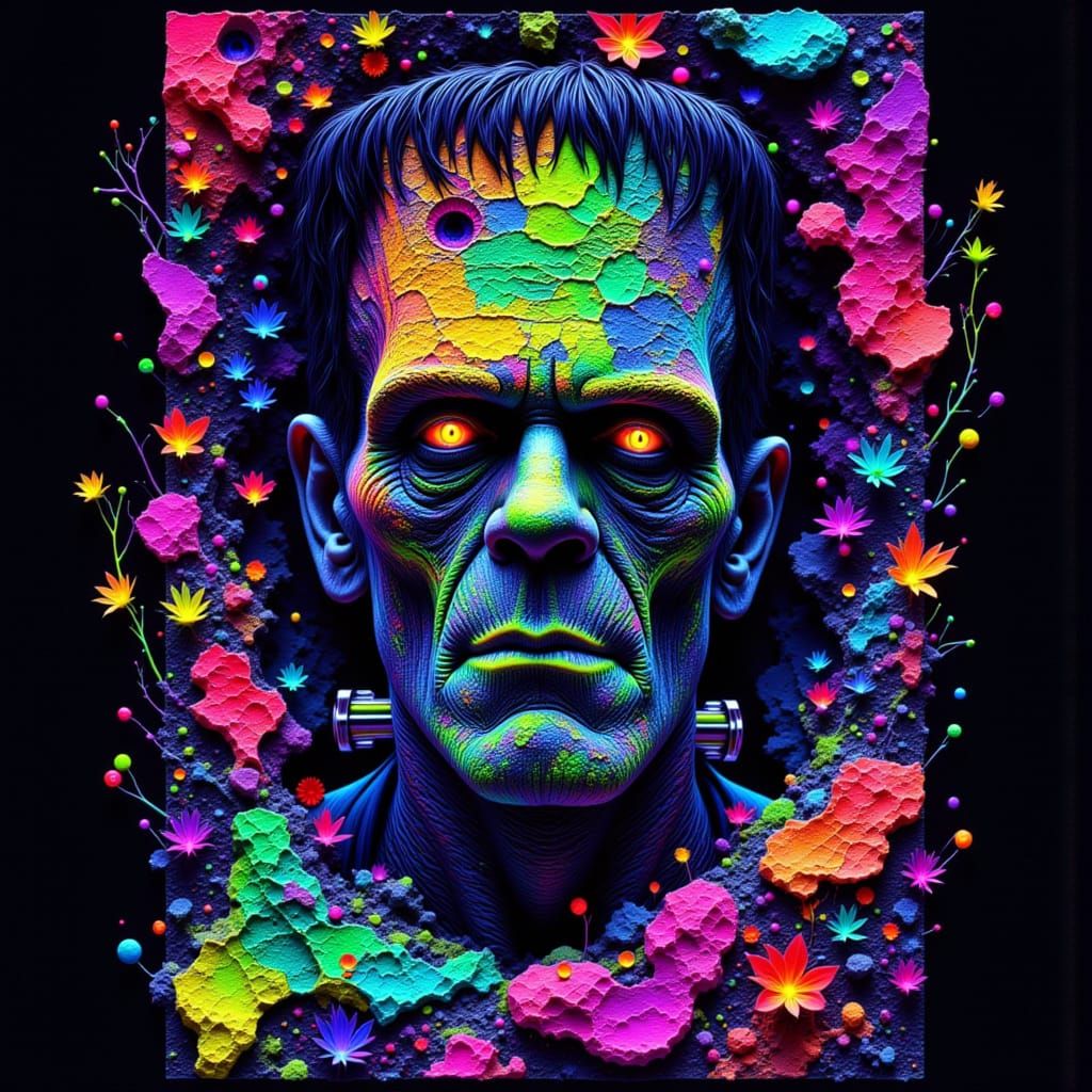 Kaleidoscopic Frankenstein Poster Collage in Fluorescent Col...