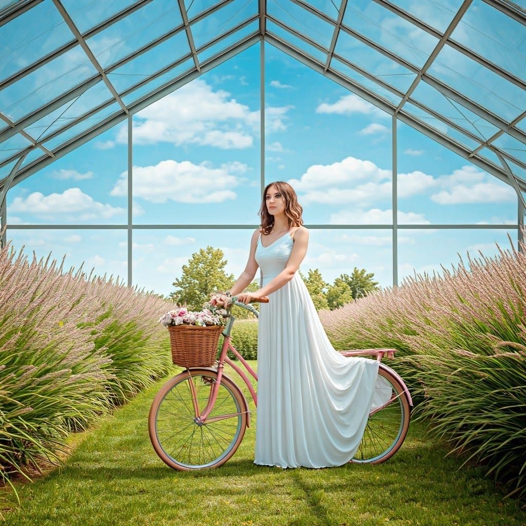 Ethereal Meadow Scene with Woman on Bicycle