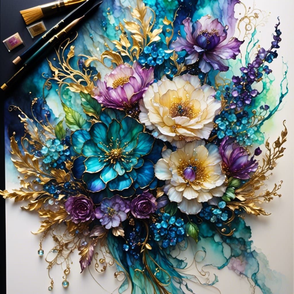 Fantasy Bouquet Alcohol Ink Painting