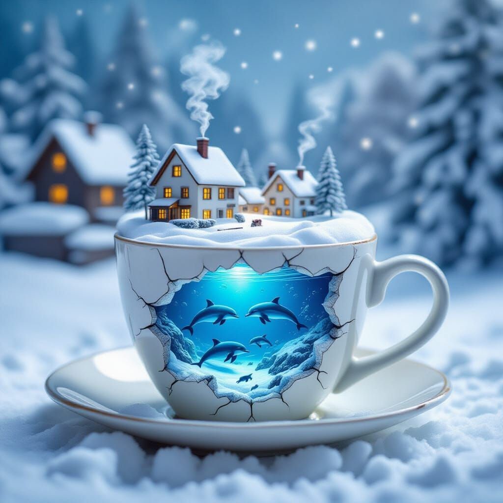 Snowy Village in Coffee Cup Double Exposure