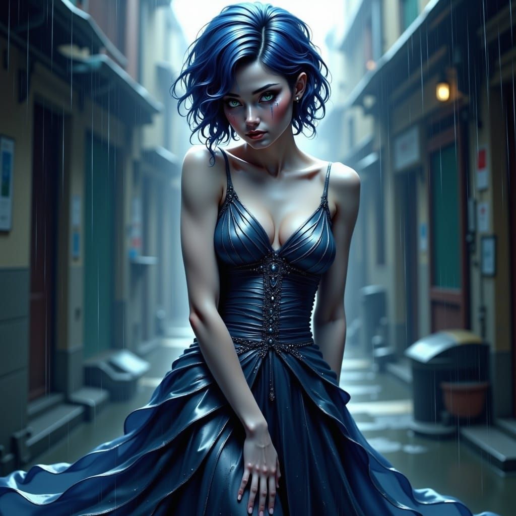 Melancholic Woman in Rain-Soaked Alley: Digital Art