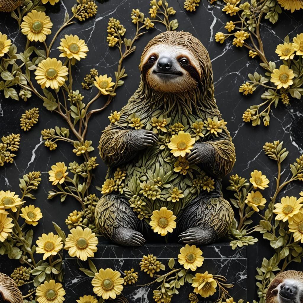 Olivine Sloth Sculpture with Yellow Flowers
