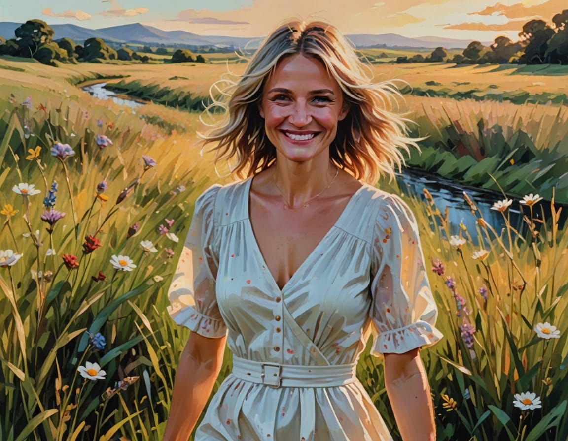 Cameron Diaz in Wildflower Meadow, Impressionist Oil Paintin...