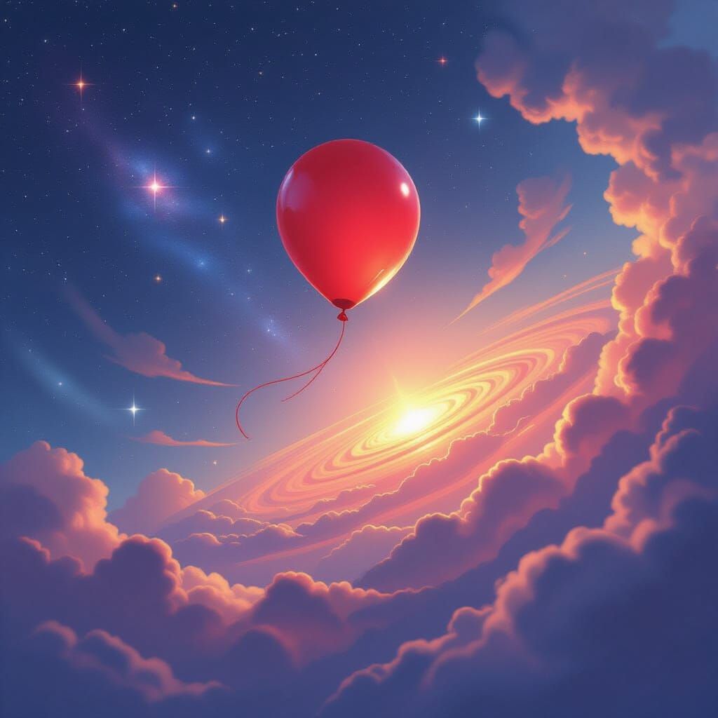 Red Balloon Soaring Through Cosmic Dreamscape