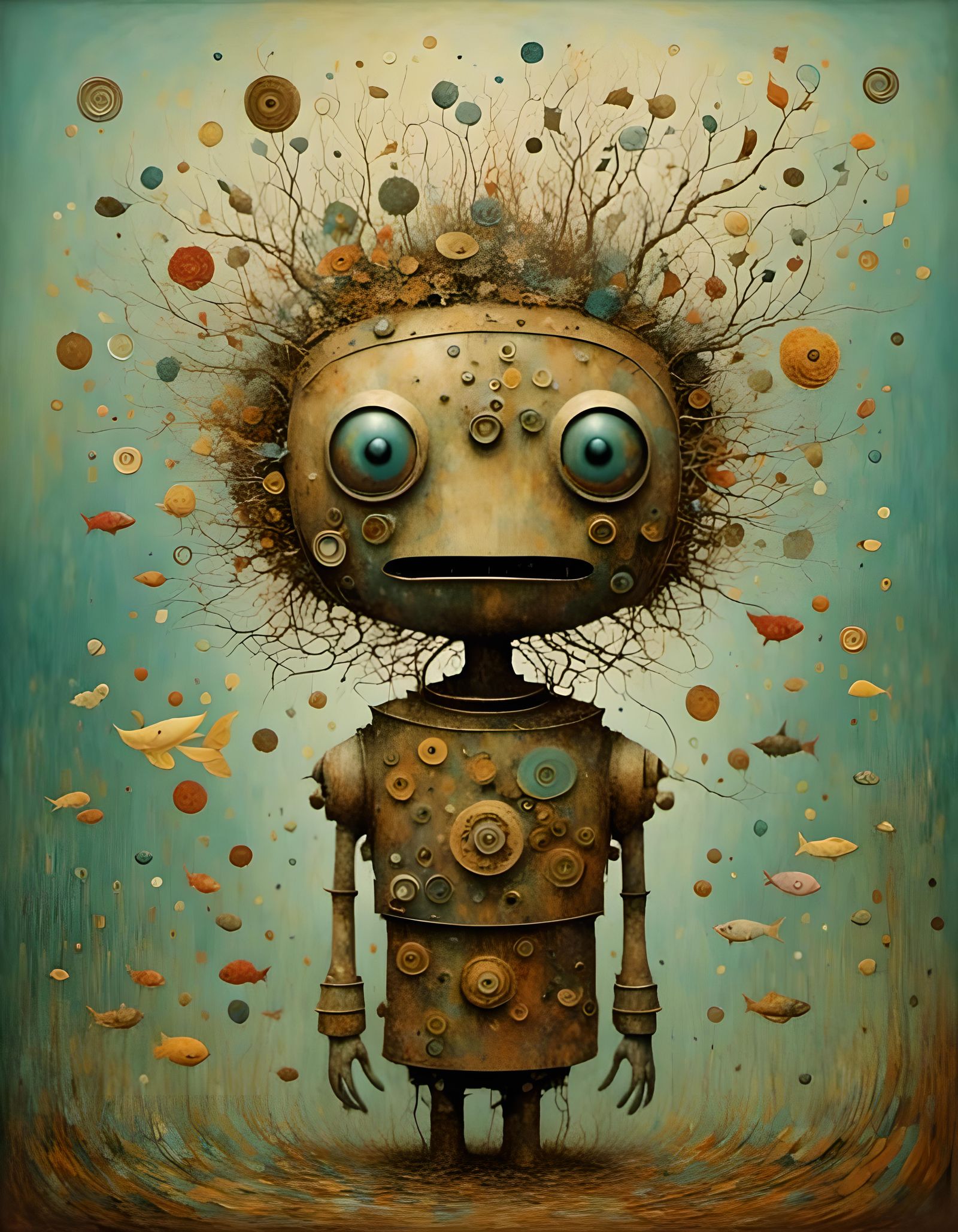 Steampunk Buddha Robot with Lotus Flowers