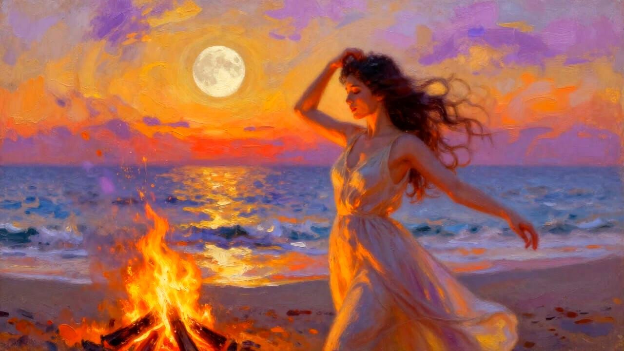 Woman on Beach at Sunset, Impressionistic Oil Painting