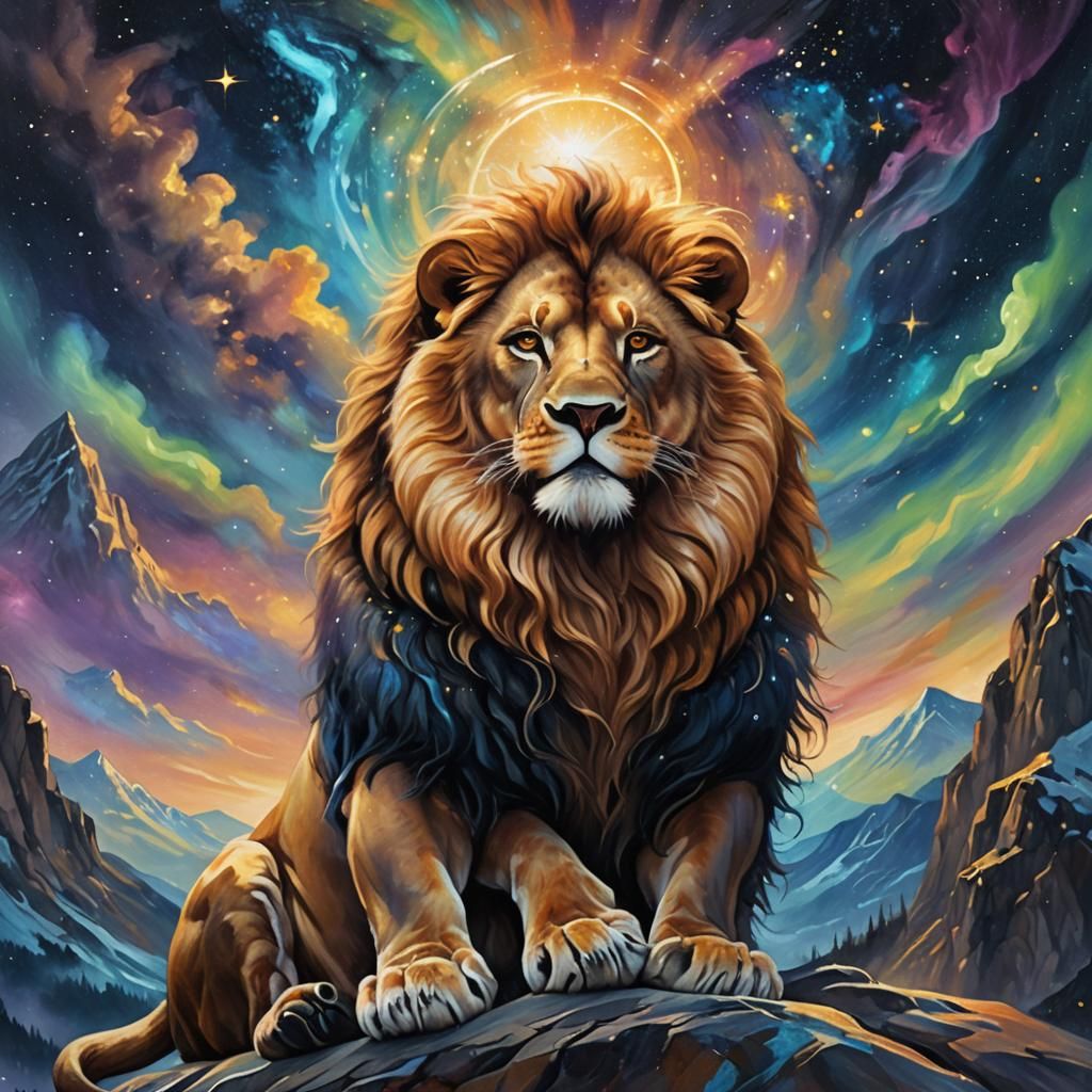 Majestic Lion Gazing at Stars: Fantasy Oil Painting