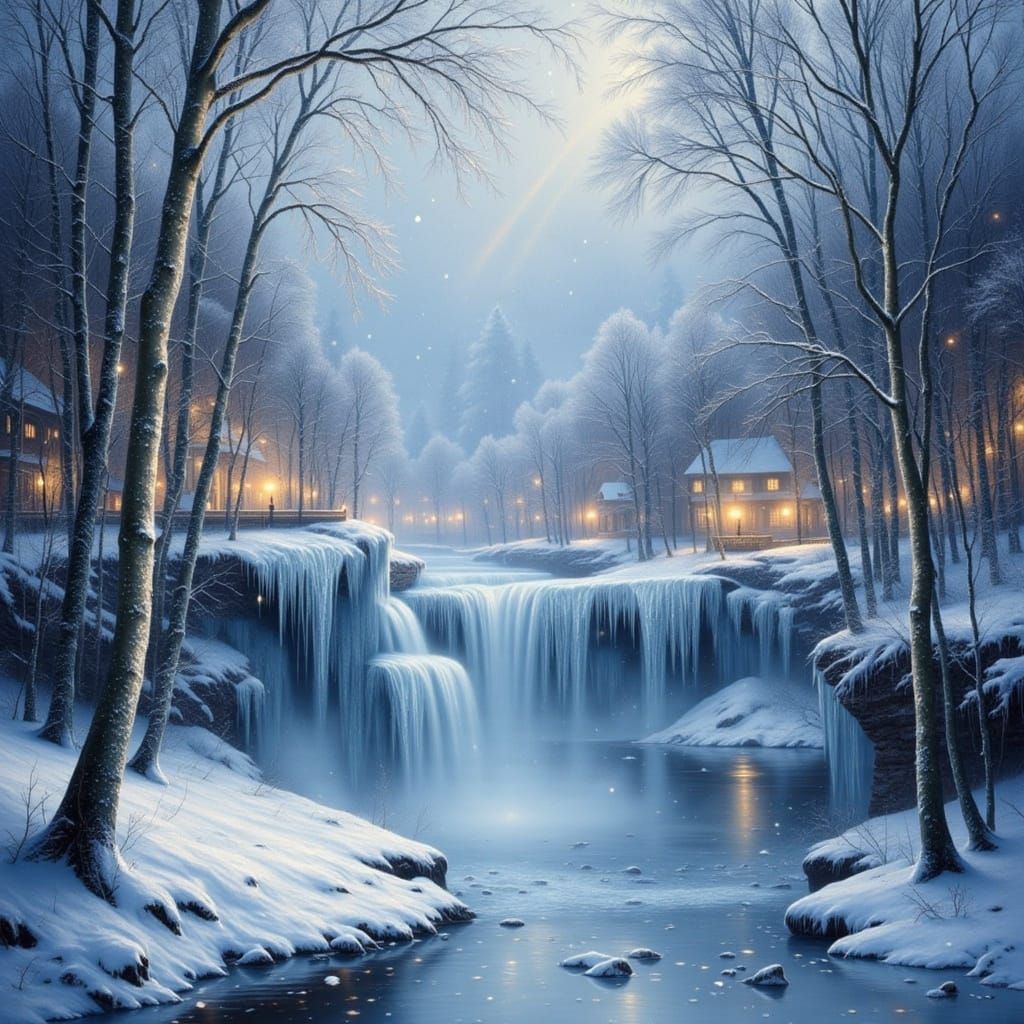 - A breathtaking winter landscape where a waterfall has turned into shimmering icicles.