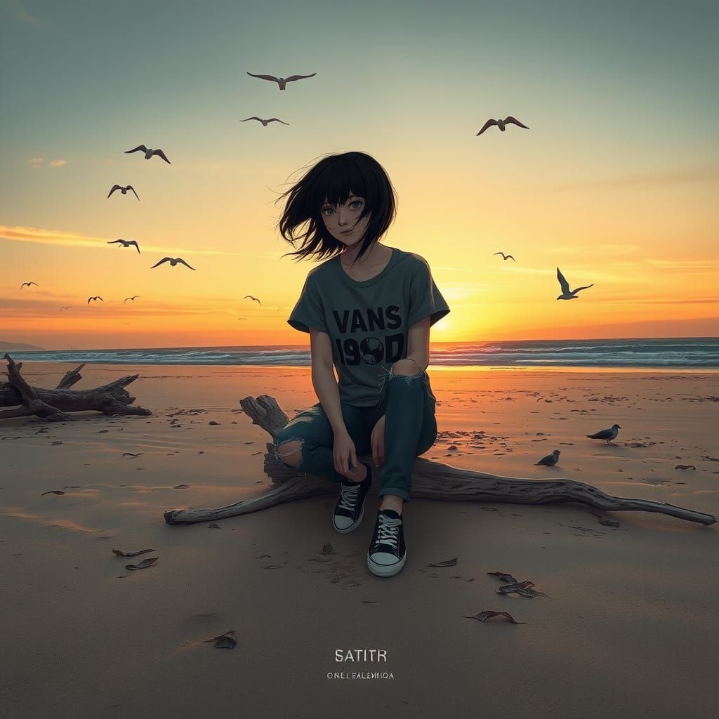 Melancholic Emo Girl Lost in Sunset Thoughts