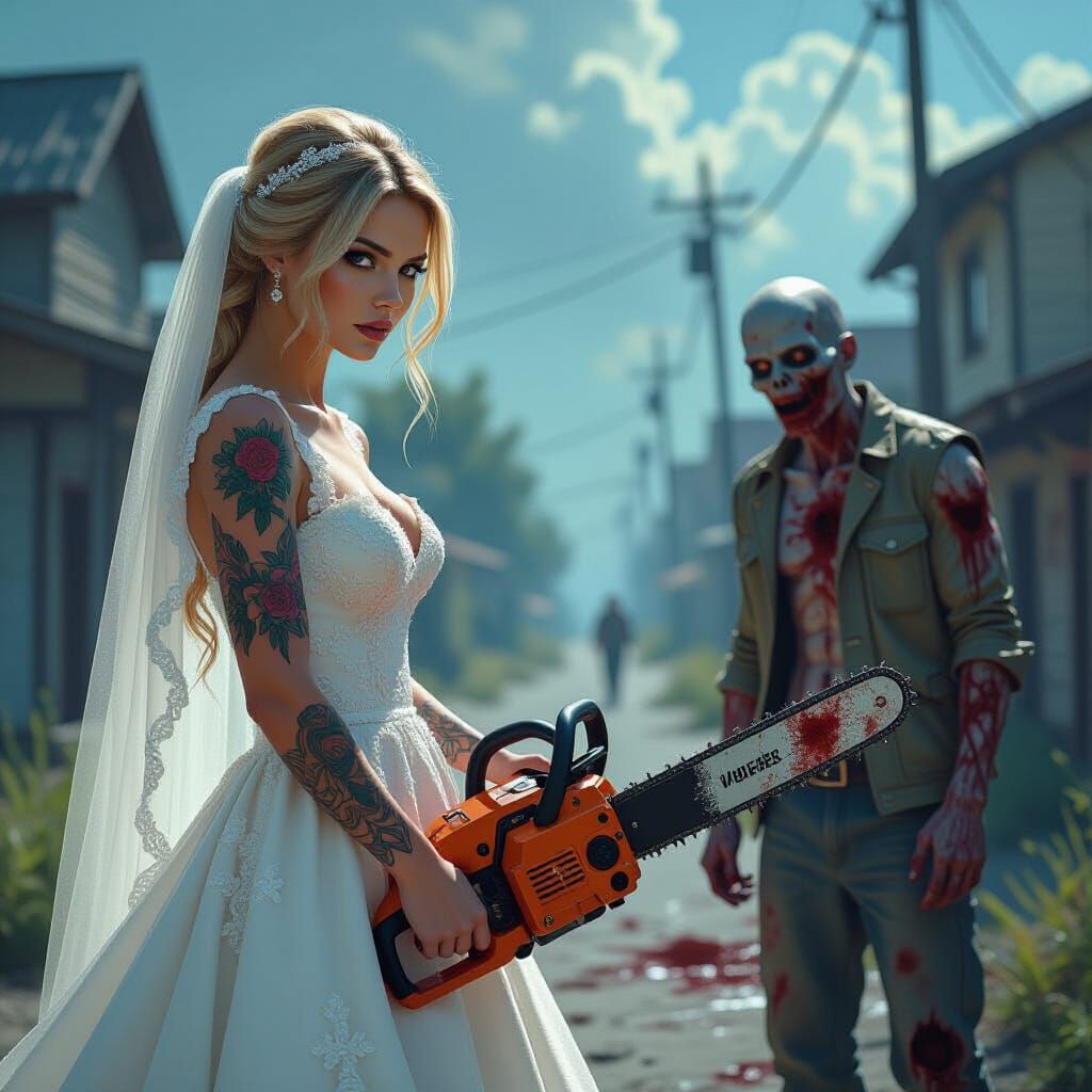Chainsaw Bride vs Zombie in Dystopian Landscape