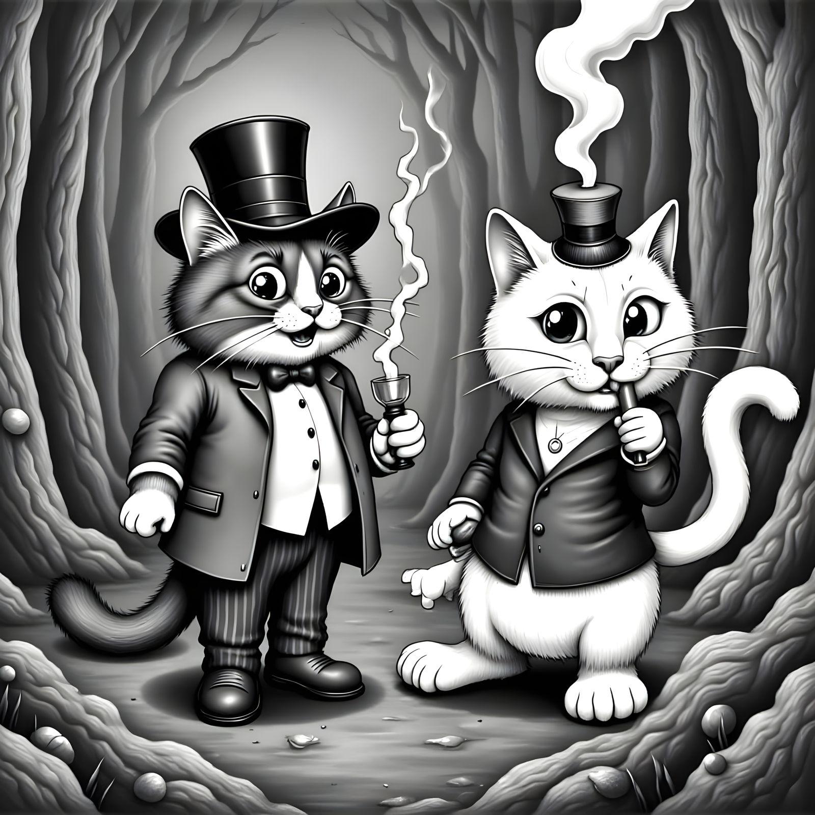 Surreal Cats Smoking by River in Cartoon Style