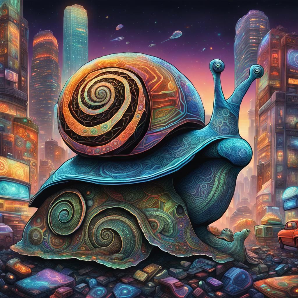 Psychedelic Snail in Futuristic Cityscape